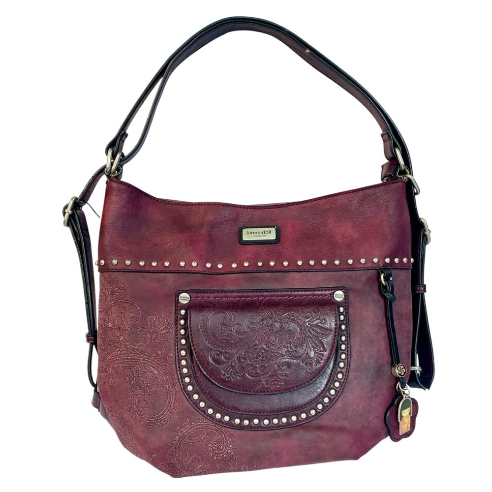 Boho Chic Burgundy Kimmidoll Eco-Leather Hobo Handbag Embroidered with Pendant